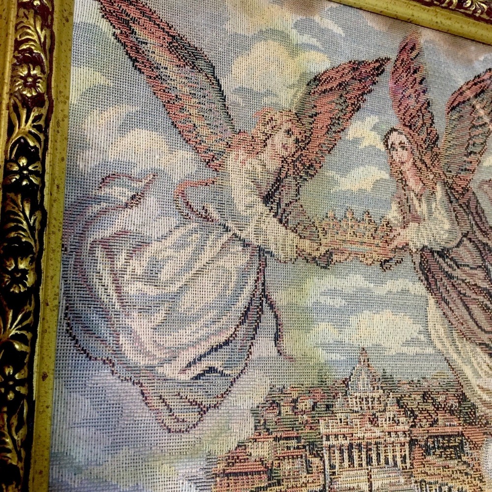 Vintage Tapestry Angels Crowing Glory Gold Frame 10.5"x10.5" - Picture 2 of 8